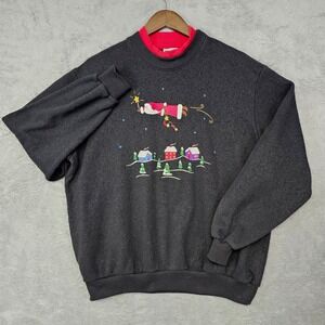Vintage BonWorth Santa Flying Over Village Christmas Sweatshirt Soft Black Large